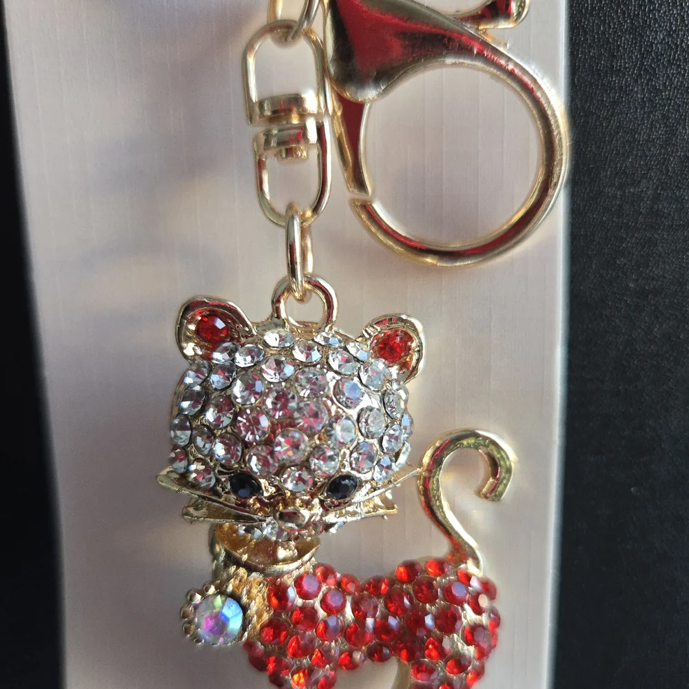 Sparkling Cat Keychain with Red and Silver Crystals
